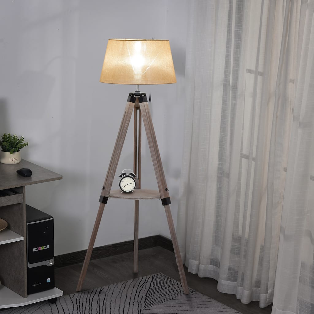 HOMCOM Multifunctional Floor Lamp with Shelf Height Adjustable Standing Lamp Contemporary 2-in-1 Cloth Lampshade E26 Lamp Holder