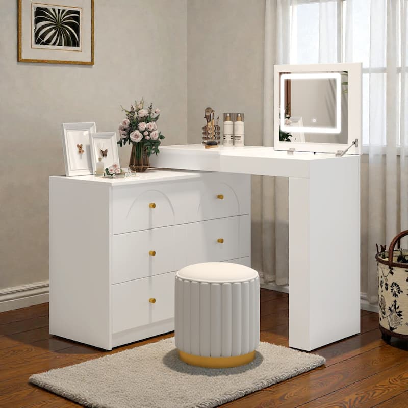 Vanity Desk with Flip-Top Mirror and LED Lights, Makeup Table with 7 Drawers, 9 Compartments, Shelves, 3-Color Modes