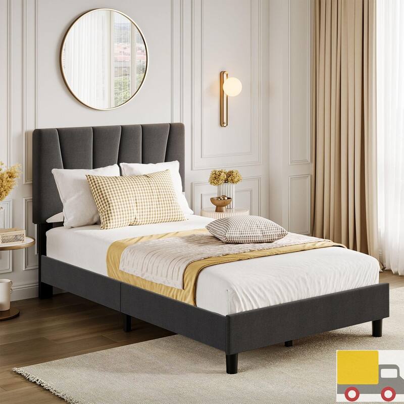 Upholstered Platform Bed with Adjustable Headboard and Slat Support - Twin - Dark Grey
