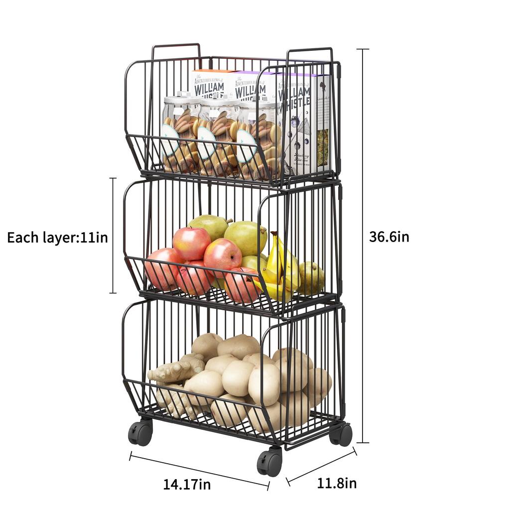 3 Tier Metal Wire Basket with Wheels Stackable Rolling Cart Fruit Vegetable Basket Utility Rack Storage Organizer