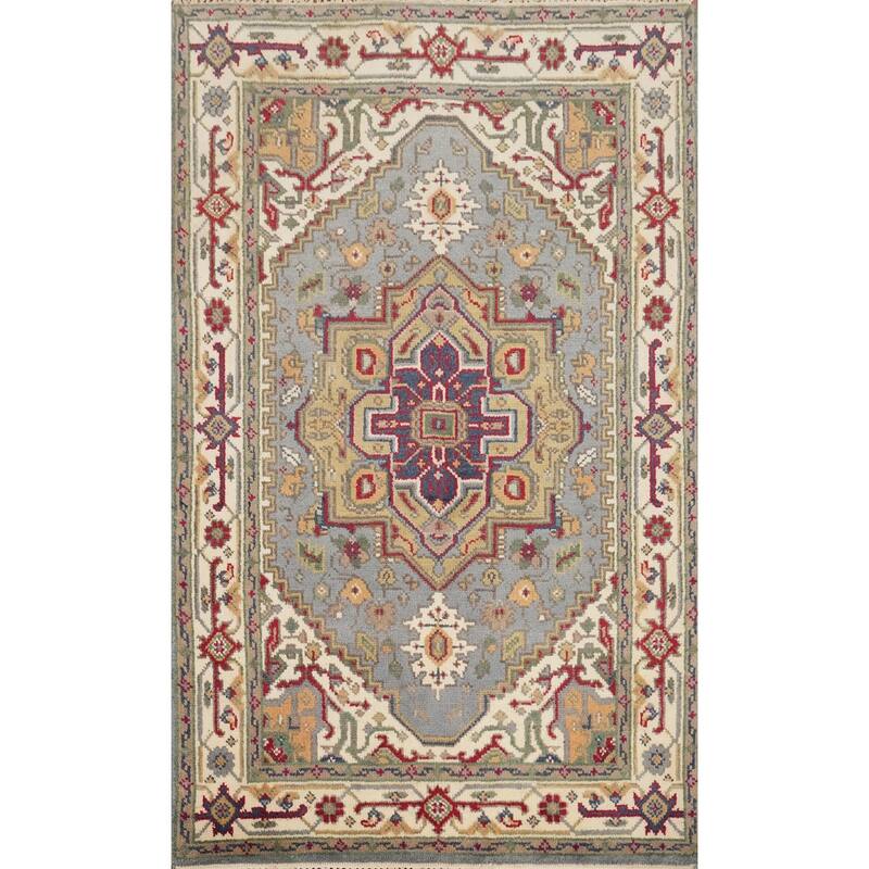 Hand Knotted Oriental 100% Wool Carpet Traditional Medallion Greys & Charcoal Heriz (serapi) Area Rug - 6' 1'' X 4' 0''