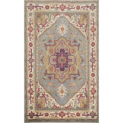 Hand Knotted Oriental 100% Wool Carpet Traditional Medallion Greys & Charcoal Heriz (serapi) Area Rug - 6' 1'' X 4' 0''