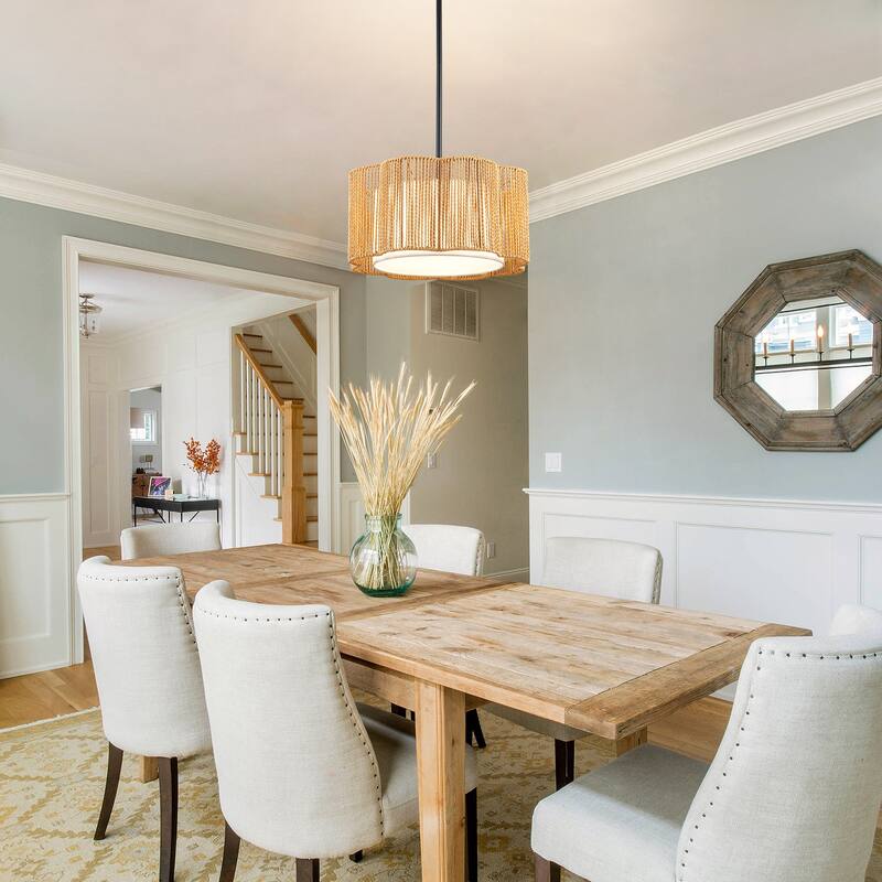 Farmhouse 1-Light Drum Pendant Light with Woven Shades - Black