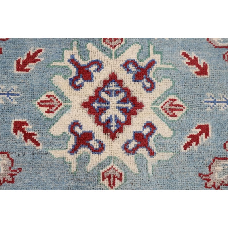 Light Blue Geometric Kazak Rug Handmade Wool Carpet - 4'11" x 6'6"