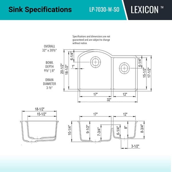 dimension image slide 0 of 2, Lexicon 32 Inch Platinum Quartz Composite Drop-in Undermount Double Bowl Galaxy White Kitchen Sink LP-7030-W-SO