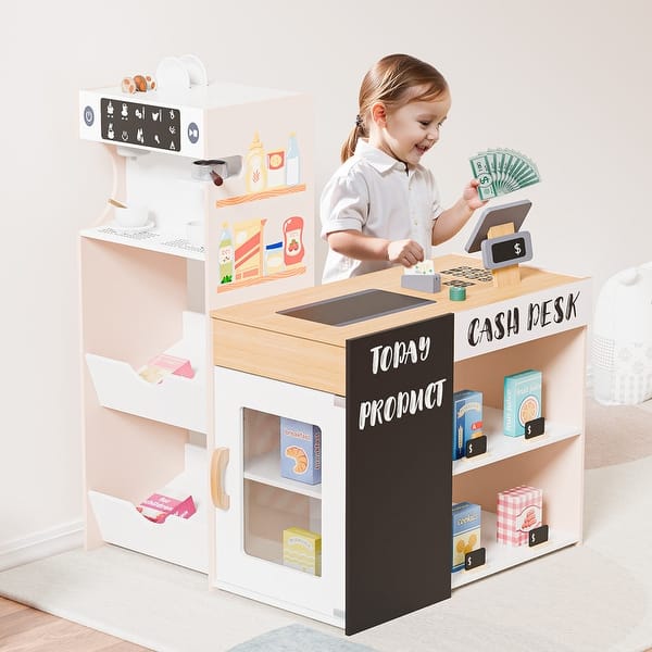 slide 2 of 7, Wooden Pretend Market Self-Checkout Station Playset Kitchens