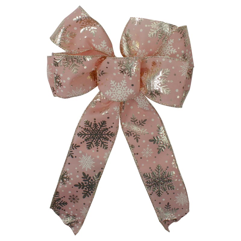 14" x 9" Snowflake 6 Loop Christmas Bow Decoration - 14" x 9" - Pink and Gold