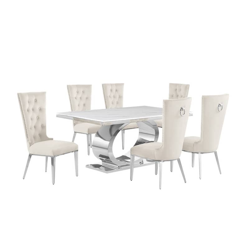 Best Quality Furniture D430/1-SC330-7 Dining Set with 68" White Marble Top
