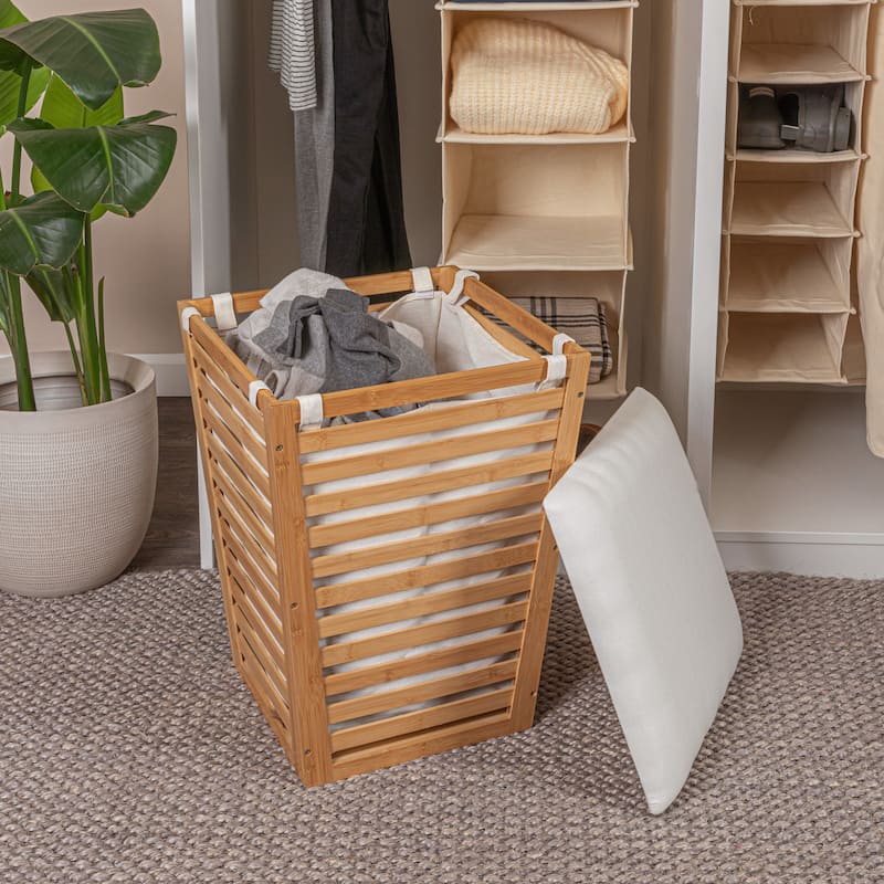 Household Essentials Slatted Bamboo Hamper with Cushioned Lid and Removable Bag - 16.1"L x 16.1"W x 22.3"H