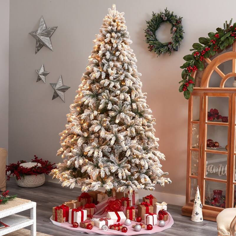 9ft Flocked Christmas Tree, Slim Pencil Artificial Tree with Lights, Holiday Decor - White - 108
