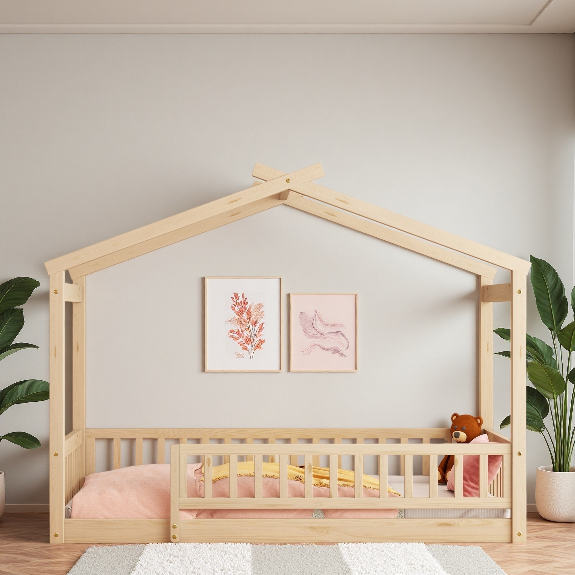 Wood House Canopy Bed Frame with Fence