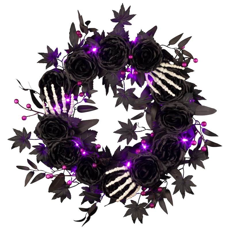 National Tree Company 24" Artificial Bad to the Bone Halloween Wreath, 30 Purple LED Lights, Battery Operated - 2 ft