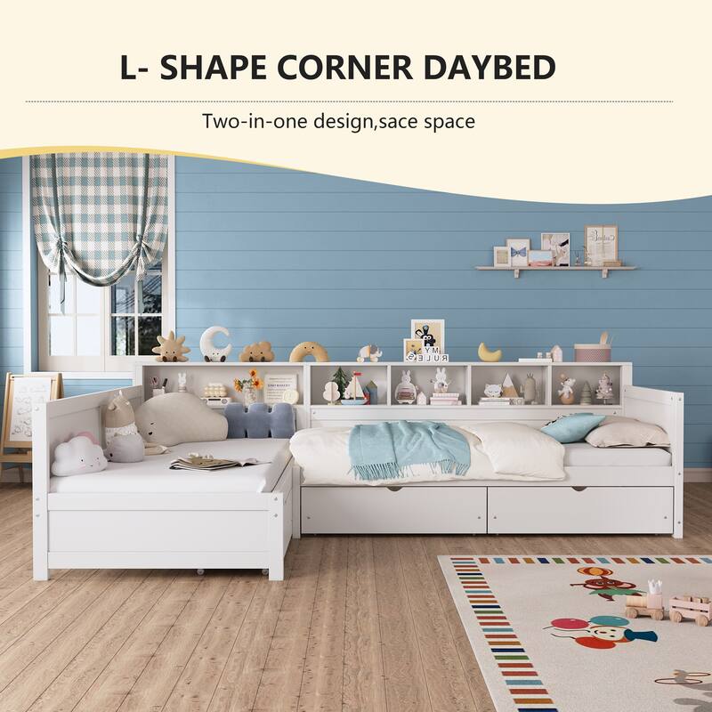 L-Shape Twin Size Day Bed for 2 with Storage Drawers and Bookshelf by Harper&Bright Designs