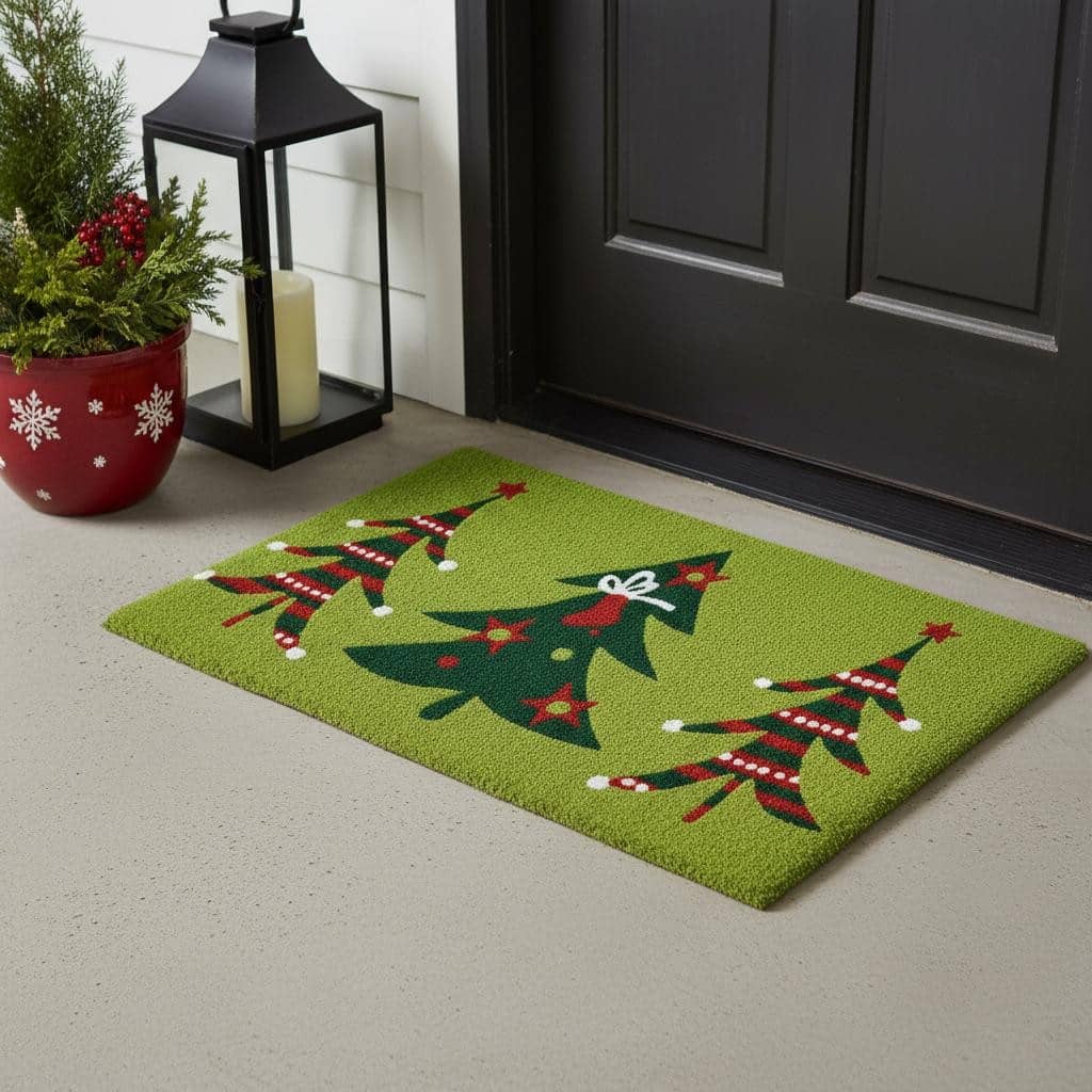 HomeRoots 17" X 29" Green And Red Christmas Trees Outdoor Coir Door Mat - 17.00' X '29.00
