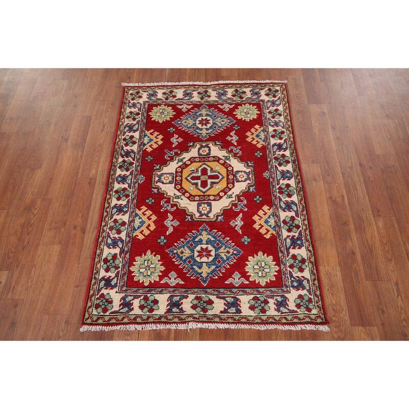 Red Geometric Kazak Pakistan Accent Rug Handmade Wool Carpet - 2'9" x 3'9"