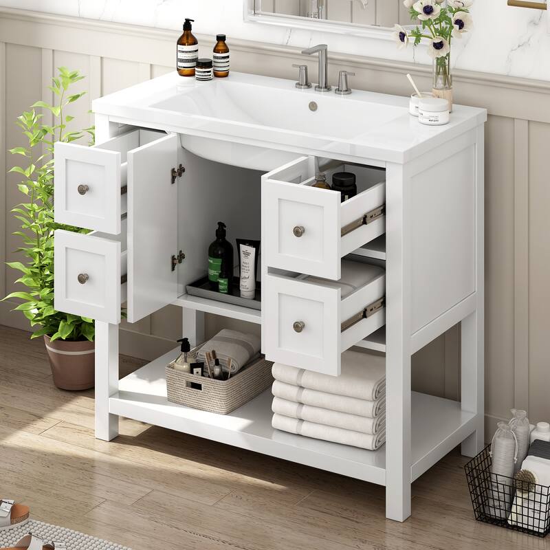 36'' Bathroom Vanity with Resin Sink Top, Free Standing Bathroom Storage Cabinet w/ 4 Drawers, 2 Soft Closing Doors & Open Shelf