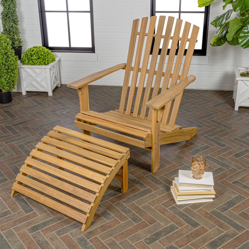 Shoreham 2-Piece Traditional Rustic Acacia Wood Adirondack Chair with Detachable Ottoman, by JONATHAN Y