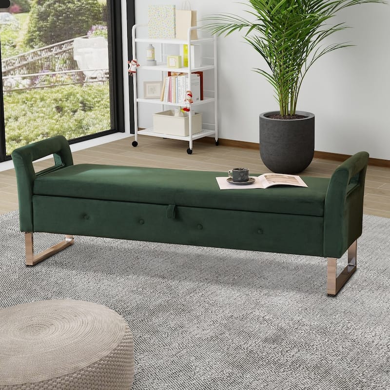 Modern style upholstered bench with hidden storage and upholstered armrests, metal legs for bedroom living room hallway entrance - Green