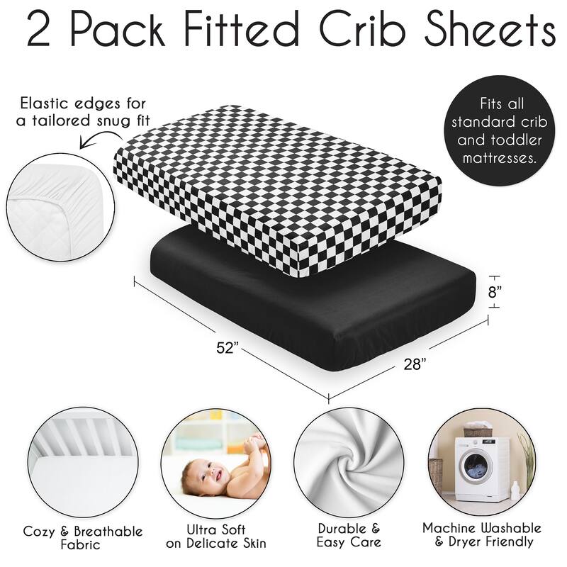 Sweet Jojo Designs Black & White Gingham Checkered Plaid Boy, Girl, Unisex/Gender Neutral 2 Pack Fitted Crib Sheets -Solid Black