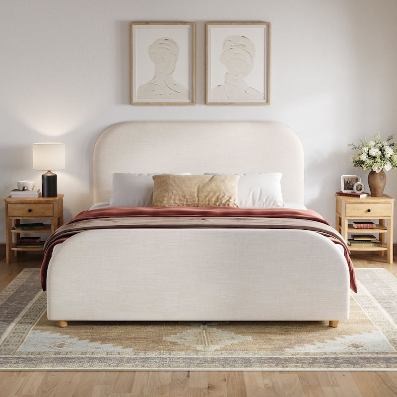 Christopher Knight Home - Thalassa Linen Bed Frame with Curved Headboard and Solid Wood Legs