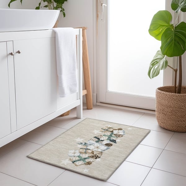 slide 2 of 7, Machine Washable Indoor/ Outdoor Christmas Present Chantille Rug Beige - 1'8" x 2'6"