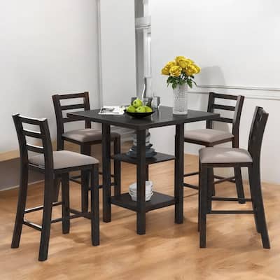 5-Piece Wooden Counter Height Dining table Set with Padded Chairs & Storage Shelf for Dining Room and Kitchen