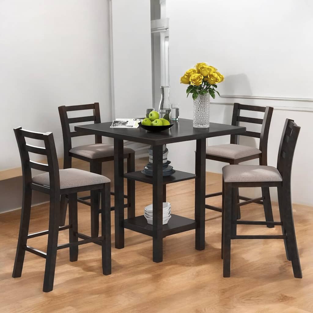 5-Piece Wooden Counter Height Dining table Set with Padded Chairs & Storage Shelf for Dining Room and Kitchen