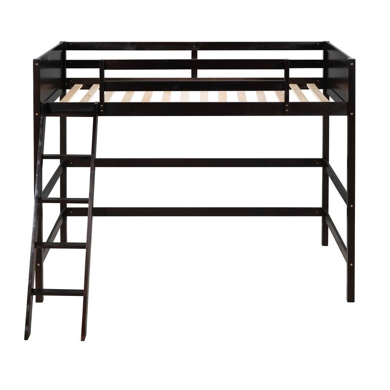 Wooden Loft Bed Twin Size, Solid Wood High Loft Bed Frame with Ladder & Safety Guardrail, Twin Kids Bed Frame for Boys Girls