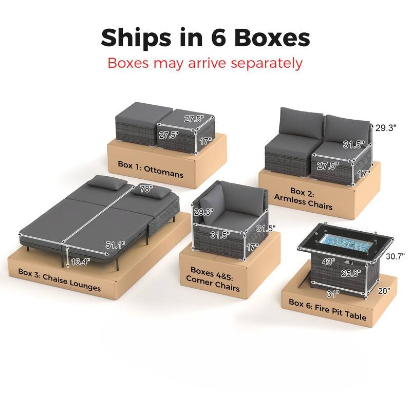 Outdoor Sectional Conversation Set PE Wicker with Double Chaise Lounge, 60,000 BTU Fire Pit Table