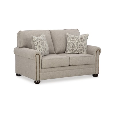 Gael Loveseat, Gray Beige Polyester, Dark Brown Nailhead Trim 64 Inch