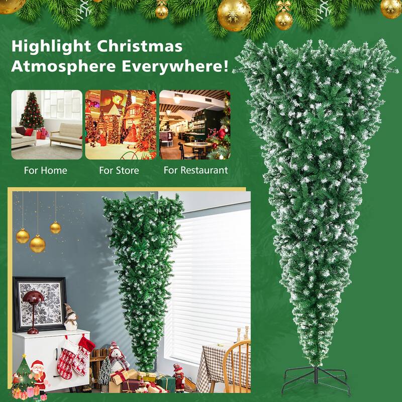 Gymax 7.5FT Pre-Lit Snowy Inverted Christmas Tree Artificial Tree w/