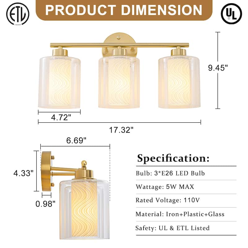 Modern Gold Vanity Light with Double Cylinder Shades Bathroom