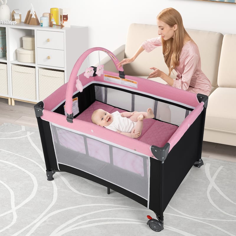 3-in-1 Kids Pack and Play with Changing Table Bassinet, Playpen and Toy Bar - 40.5" x 28" x 28"