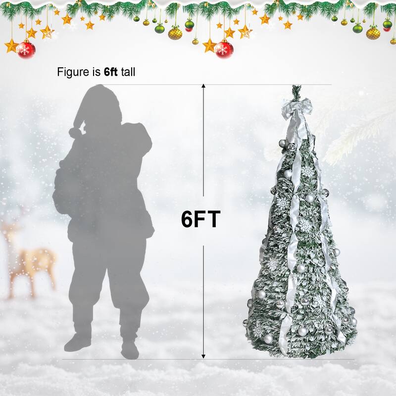 6FT Flocked Pop-Up Christmas Tree with 150 Warm White UL Lights -Pre-Decorated with Ornaments, Snowflakes, Ribbons & Large Bow