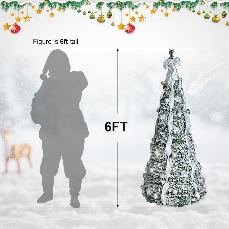 7FT Flocked Pop-Up Christmas Tree with 200 Warm White UL Lights -Pre-Decorated with Ornaments, Snowflakes, Ribbons & Large Bow