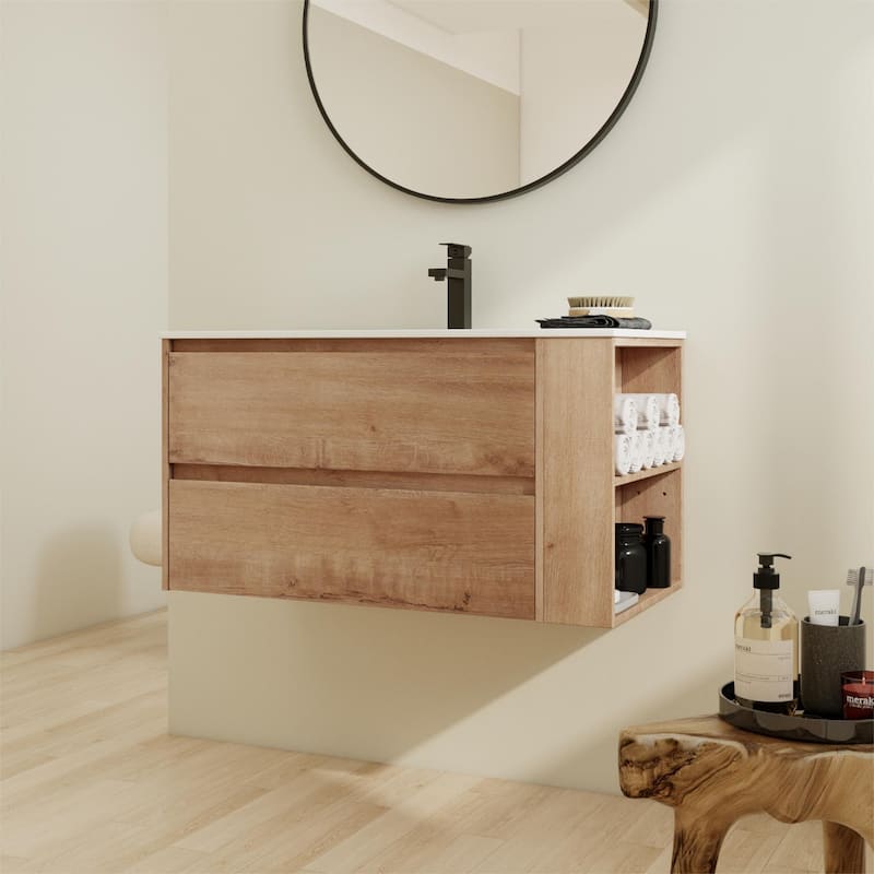 Bathroom Vanity With Sink In 30/36 Inch, Floating Bathroom Vanity With Soft Close Drawers and adjustable shelves - 36"W-Ceramic Sink (Assembly Required) - Imitative Oak