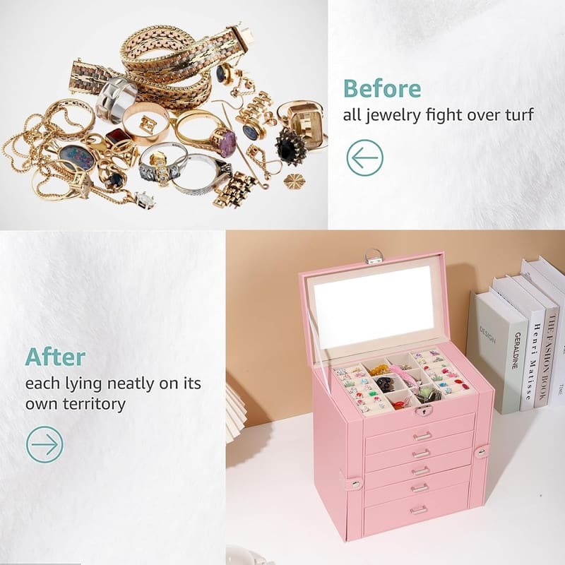 6 Layer Large Jewelry Organizer With Mirror - 6.6"D x 10.6"W x 11"H