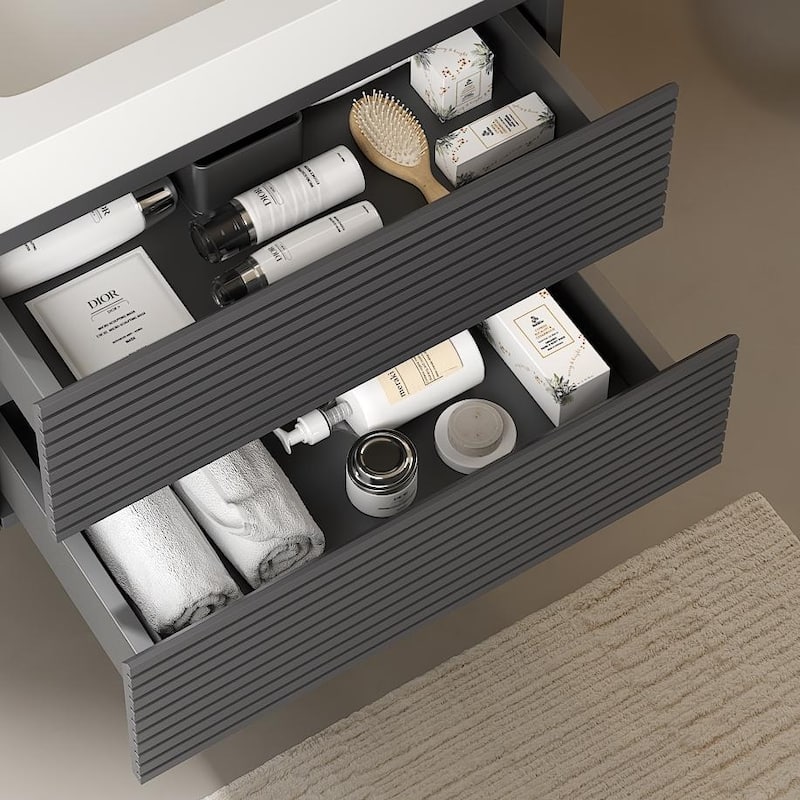 GDFStudio - Veno 30" Floating Bathroom Vanity with Striped 2 Drawer & White Integrated Rectangular Basin, WITHOUT Faucet - Grey - 30"