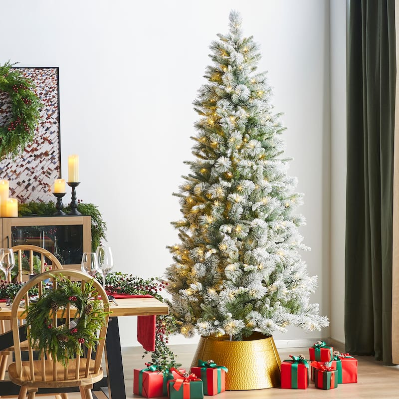 Glitzhome 7.5ft/9ft/11ft Pre-Lit Flocked Slim Pine Artificial Christmas Tree w/ Foot Pedal & Remote Control - 7.5FT