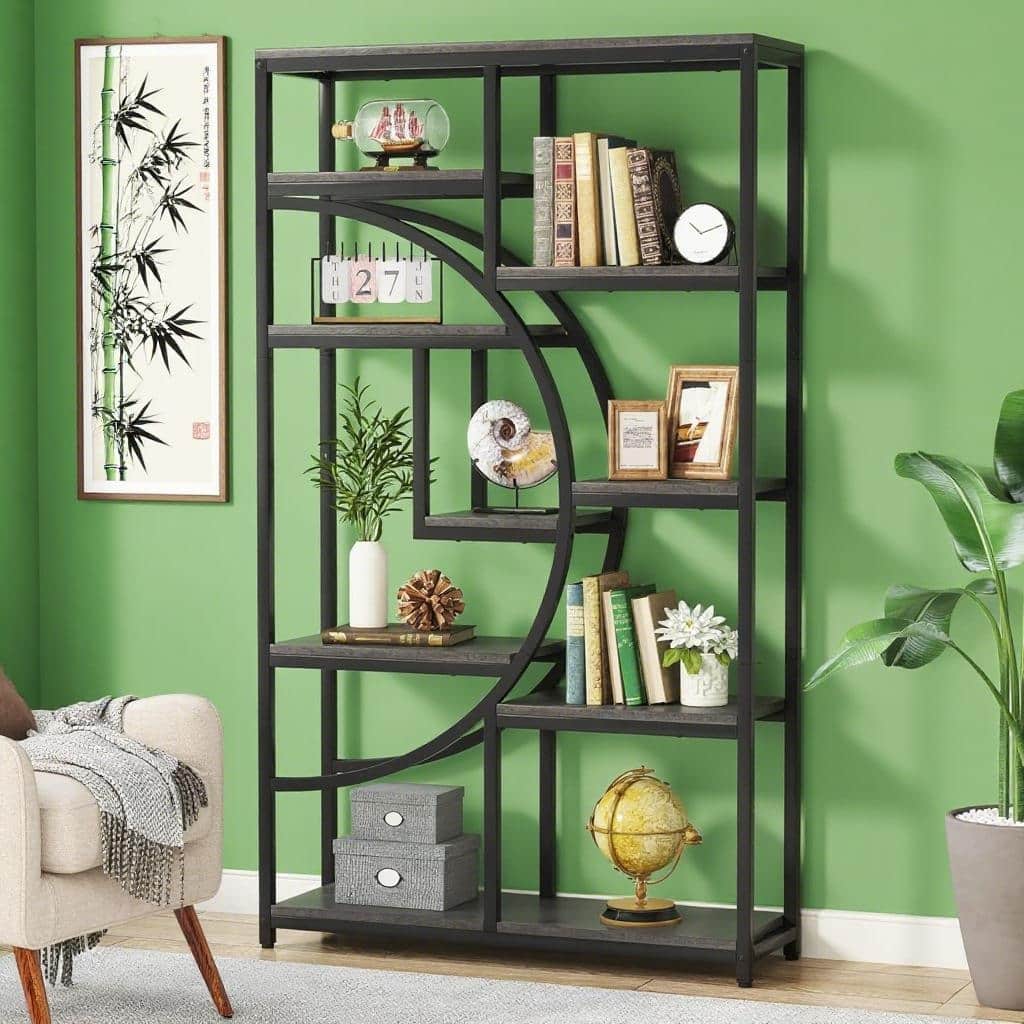 69" Tall Geometric Bookcase with 9 Open Shelves Metal Frame and Marble Laminate Top for Living Room - 37.4”L x 11.81”W x 68.89”H