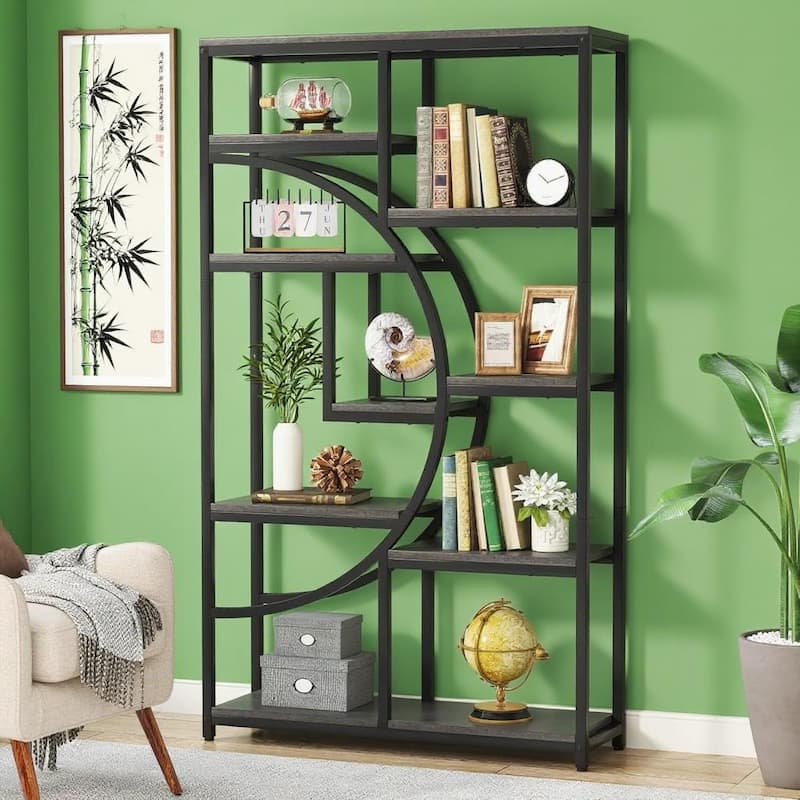 69" Tall Geometric Bookcase with 9 Open Shelves Metal Frame and Marble Laminate Top for Living Room - 37.4”L x 11.81”W x 68.89”H - Black