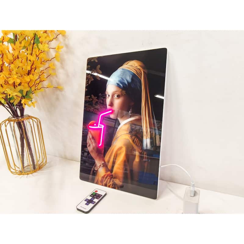 Neon Style LED Wall Art - Girl with a Pearl Earring Acrylic Print with Lighted Drink Effect - 16 x 24