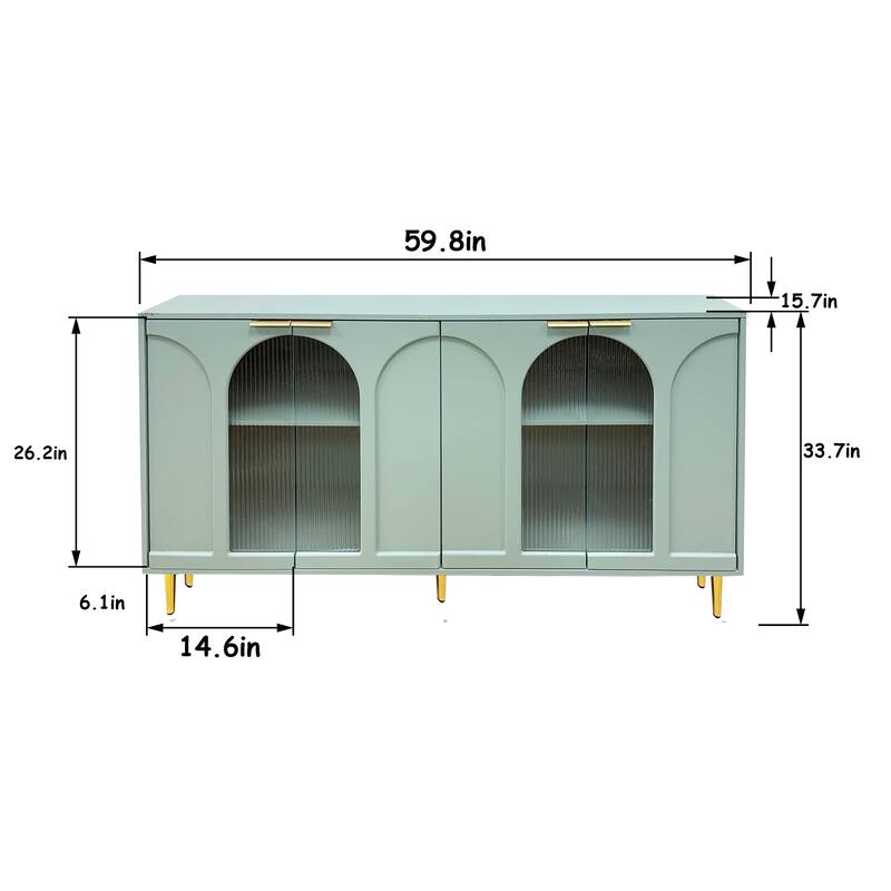 59.8" Mint Green Lacquered Wooden Cabinet with 4 Glass Doors - 59.8 inches L x 15.7 inches W x 33.7 inches H