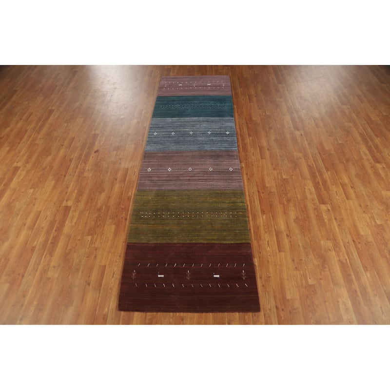 Striped Gabbeh Indian Runner Rug Hand-Knotted Wool Carpet - 3'0" x 10'2"