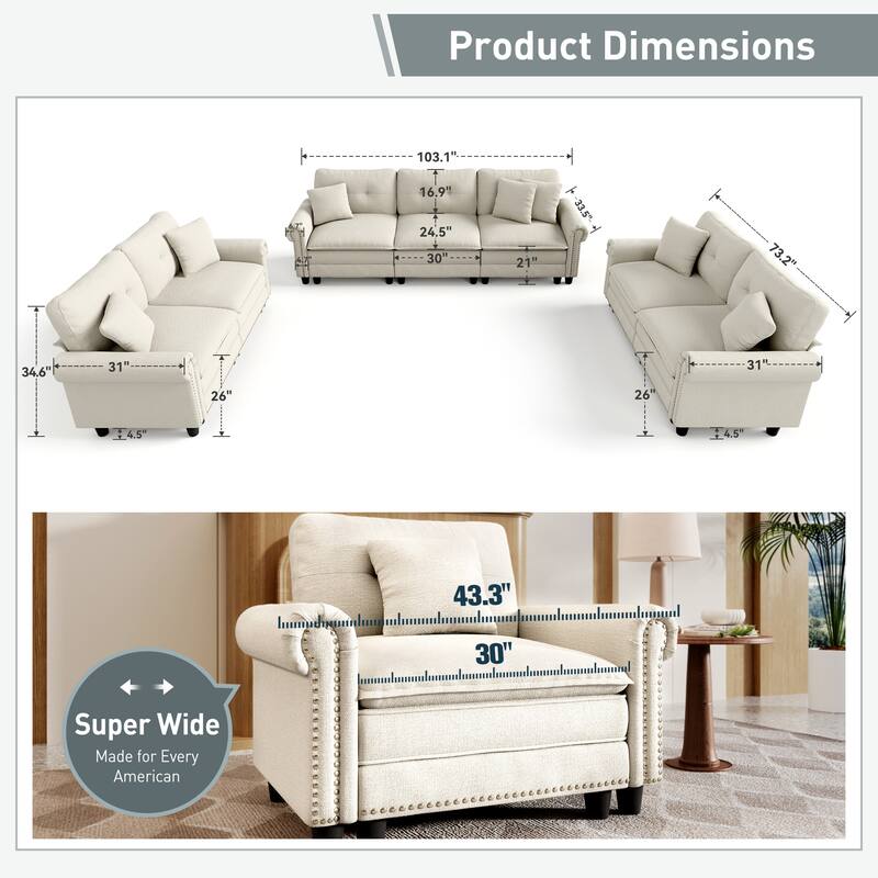 MASION ARTS 3-Piece Modular Sectional Sofa, Oversized Cloud Couch with Armchairs/Loveseats, Deep Seat Sofa (5–7 Seats)