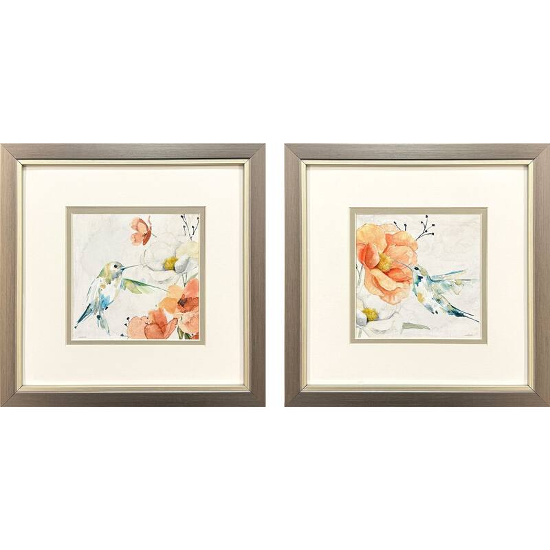 HomeRoots Set Of Two Floral Hummingbird Silver Framed Wall Art