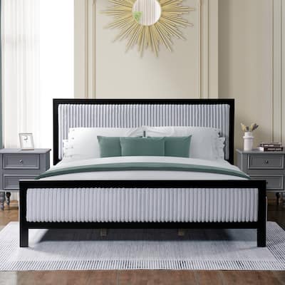 King Size Upholstered Bed with Fluffy Soft Headboard,Grey+Black Frame