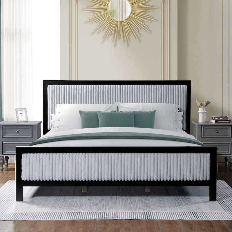 King Size Upholstered Platform Bed with Fluffy Headboard, Grey & Black Wood Frame, 800lbs Capacity - Black+Gery