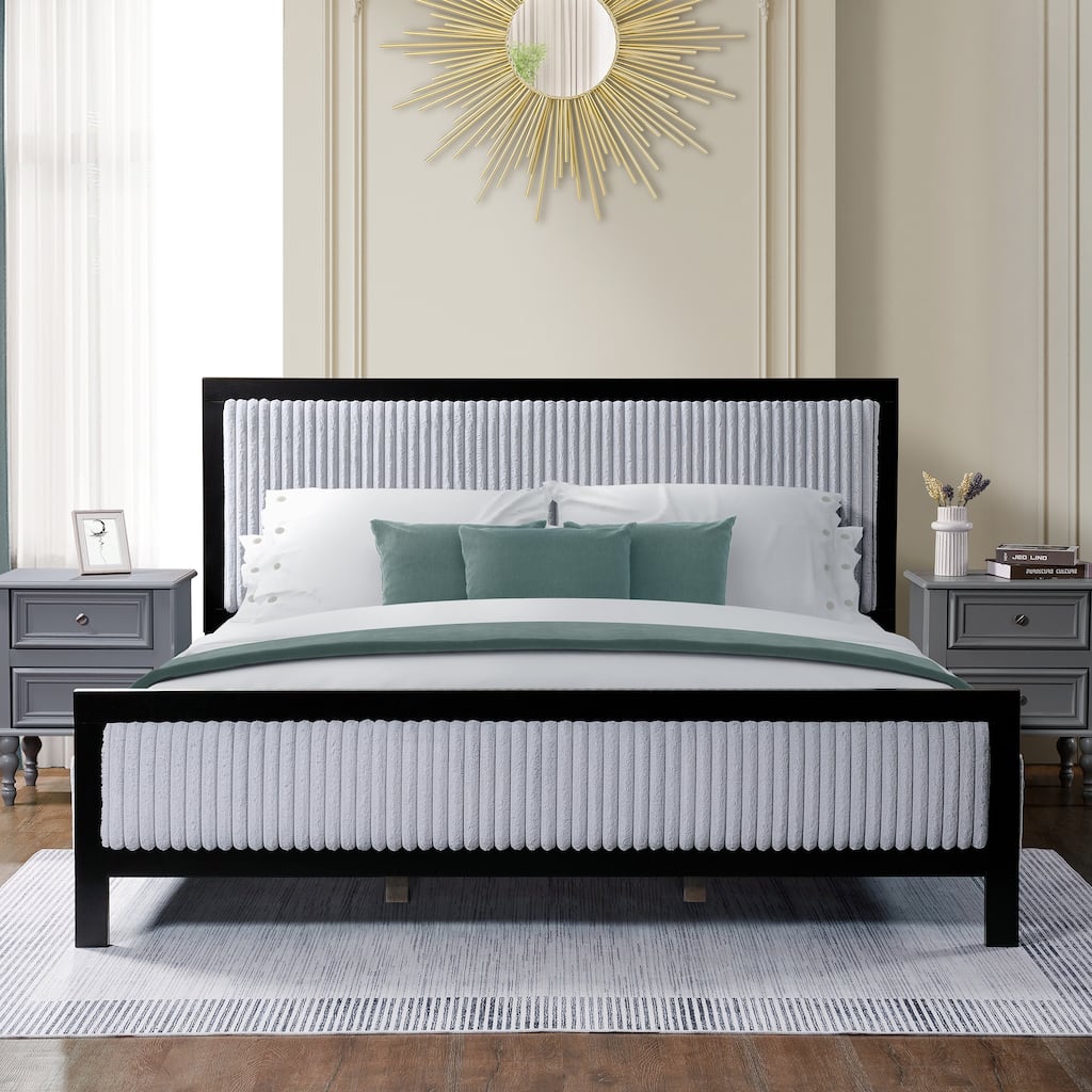 King Size Upholstered Platform Bed with Fluffy Headboard, Grey & Black Wood Frame, 800lbs Capacity