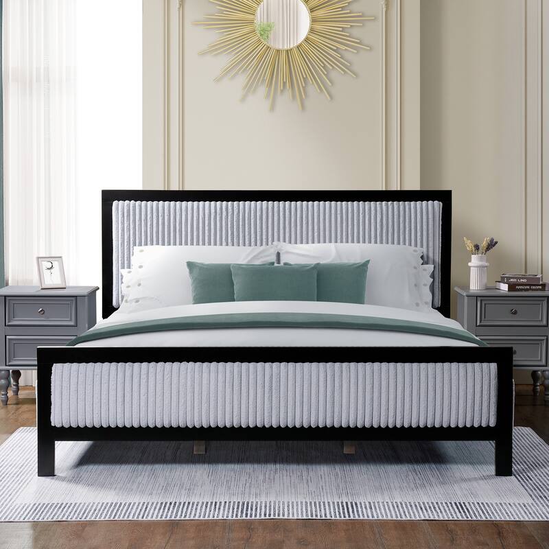 Roomfitters Upholstered Platform Bed Frame with Plush Cloud-Like Headboard and Solid Wood Slats, Grey and Black